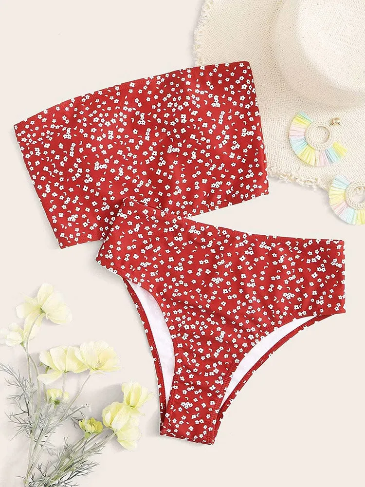 Hot Style Sexy Tube Top Swimsuit Multicolor Printed Split