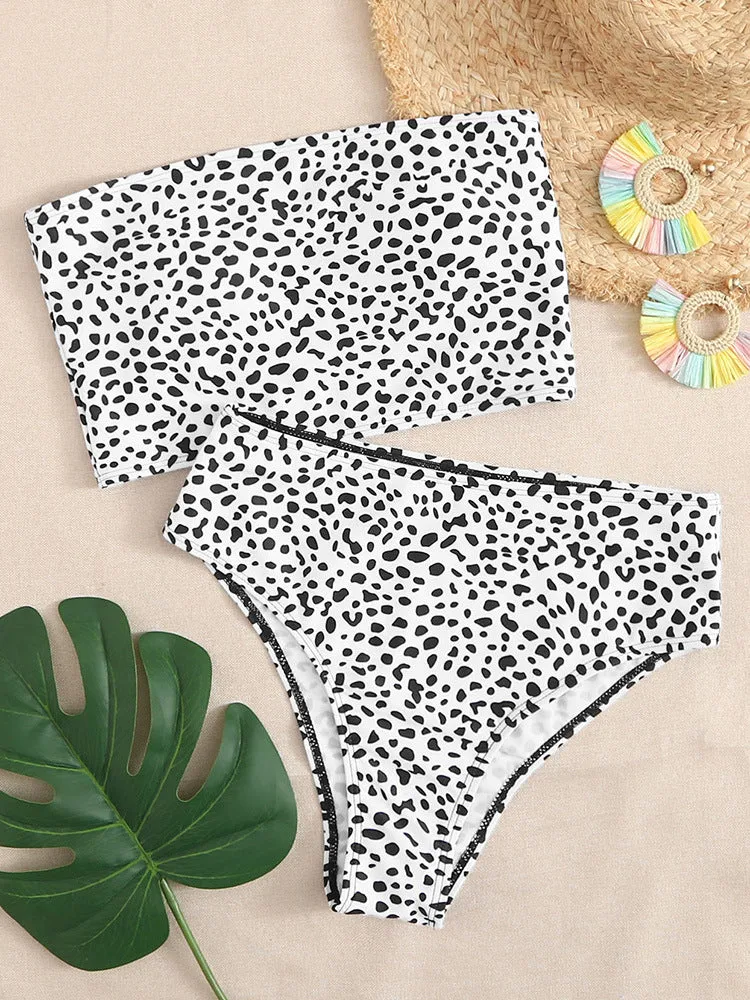 Hot Style Sexy Tube Top Swimsuit Multicolor Printed Split