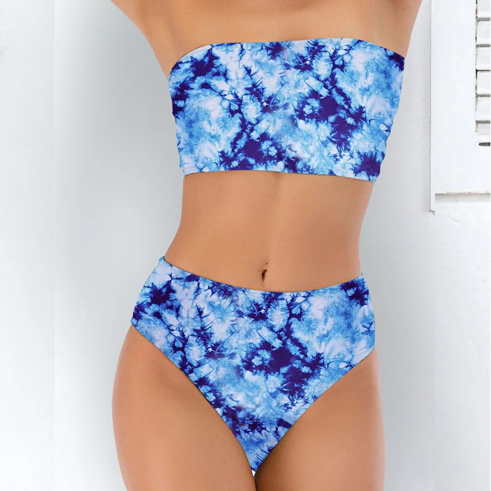 Hot Style Sexy Tube Top Swimsuit Multicolor Printed Split