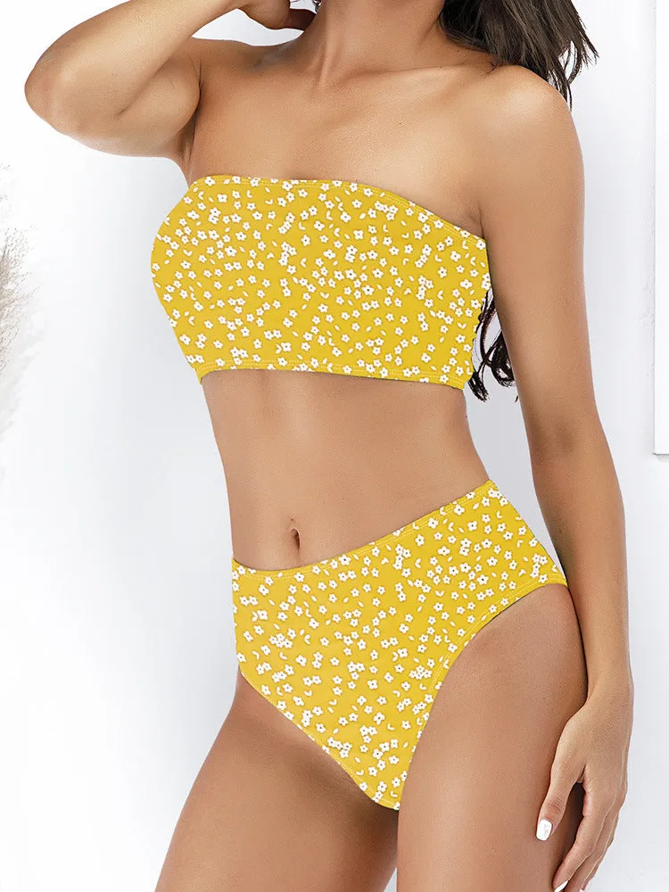 Hot Style Sexy Tube Top Swimsuit Multicolor Printed Split