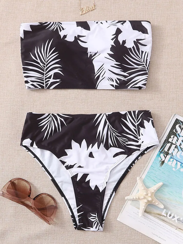 Hot Style Sexy Tube Top Swimsuit Multicolor Printed Split